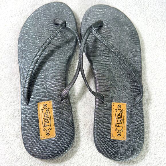 Flojos Cami Black & Silver Metallic Shimmer Flip Flops Sandals Size 8 - Picture 6 of 6